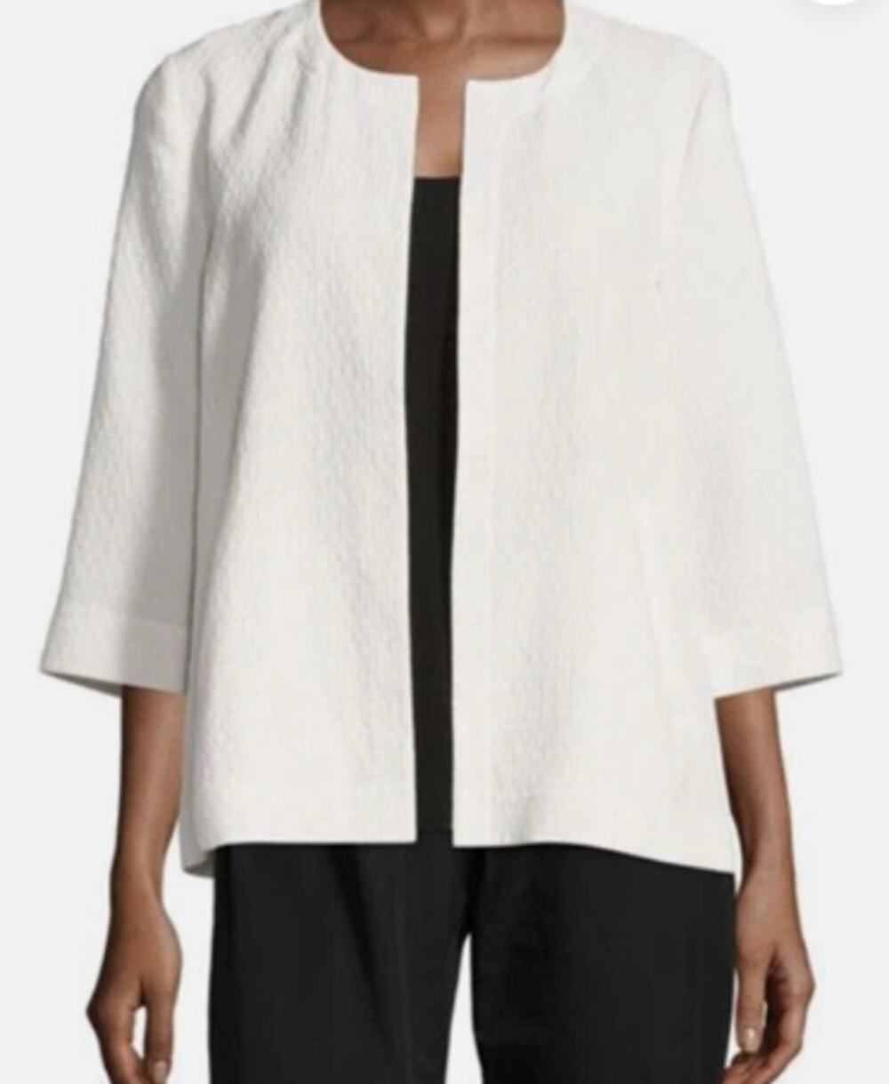 Eileen Fisher 3/4 sleeve open front cardigan blazer pockets textured ivory xxs